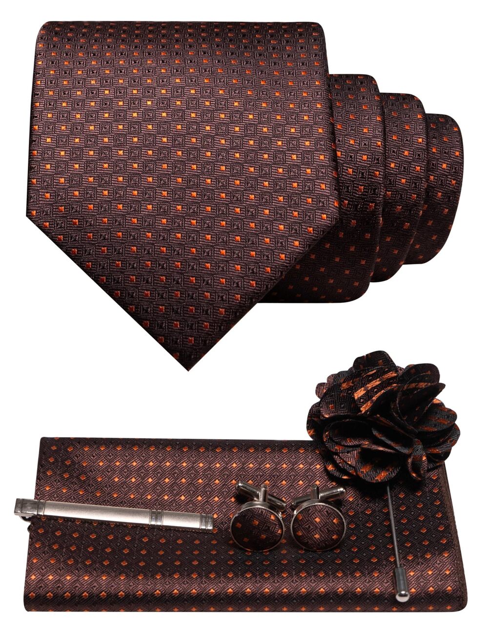 6643 Rust Orange Tie Woven Necktie and Pocket Square Cufflinks with Lapel